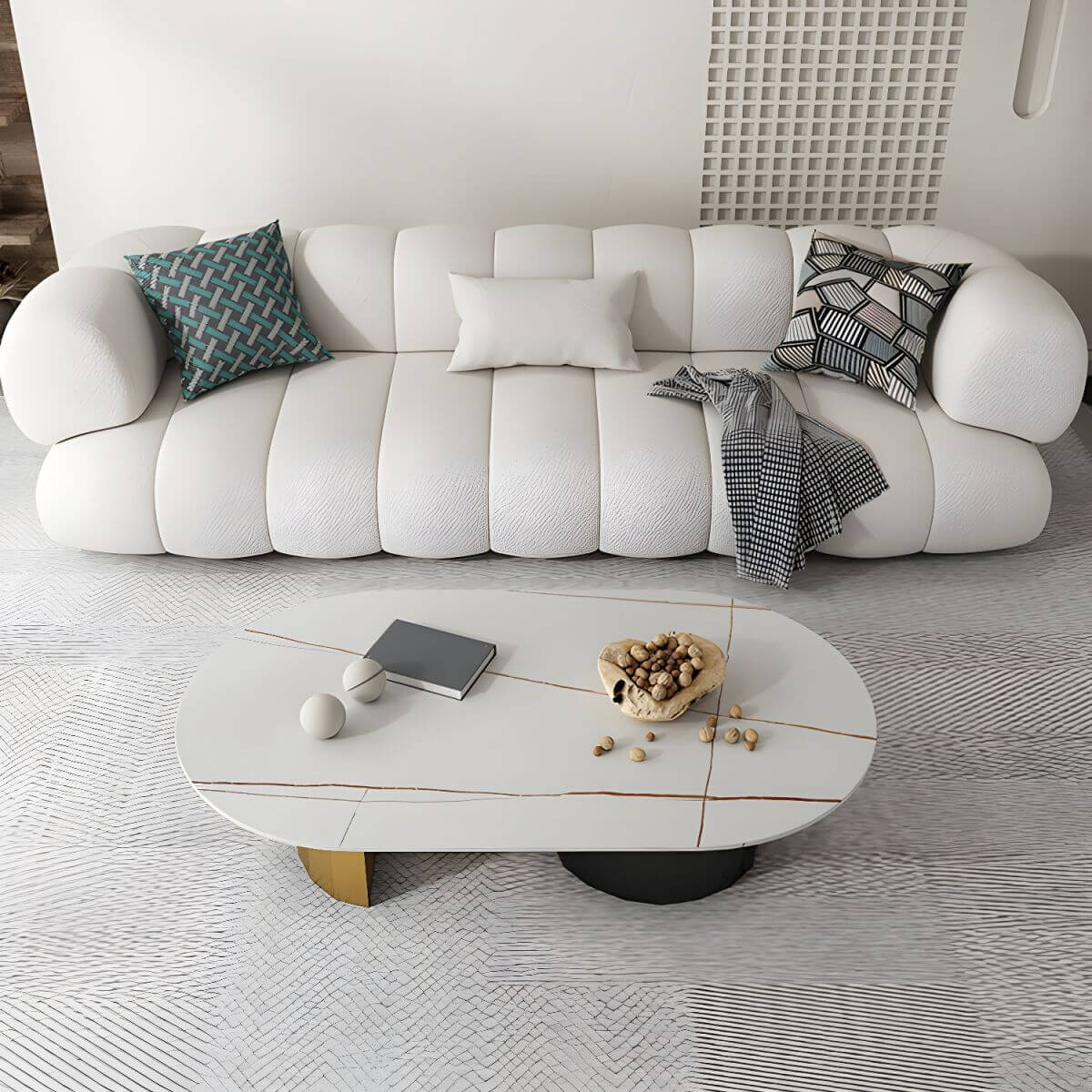 White Scandinavian fabric sofa with biscuit back and tuxedo arms