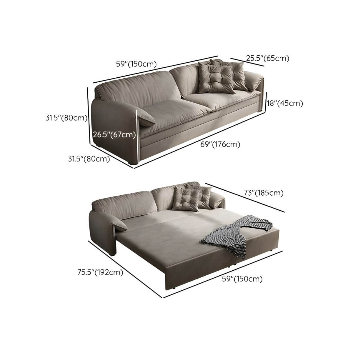 Gray Scandinavian sofa bed with fabric upholstery and coir faux leather sleeper, 69 inches long