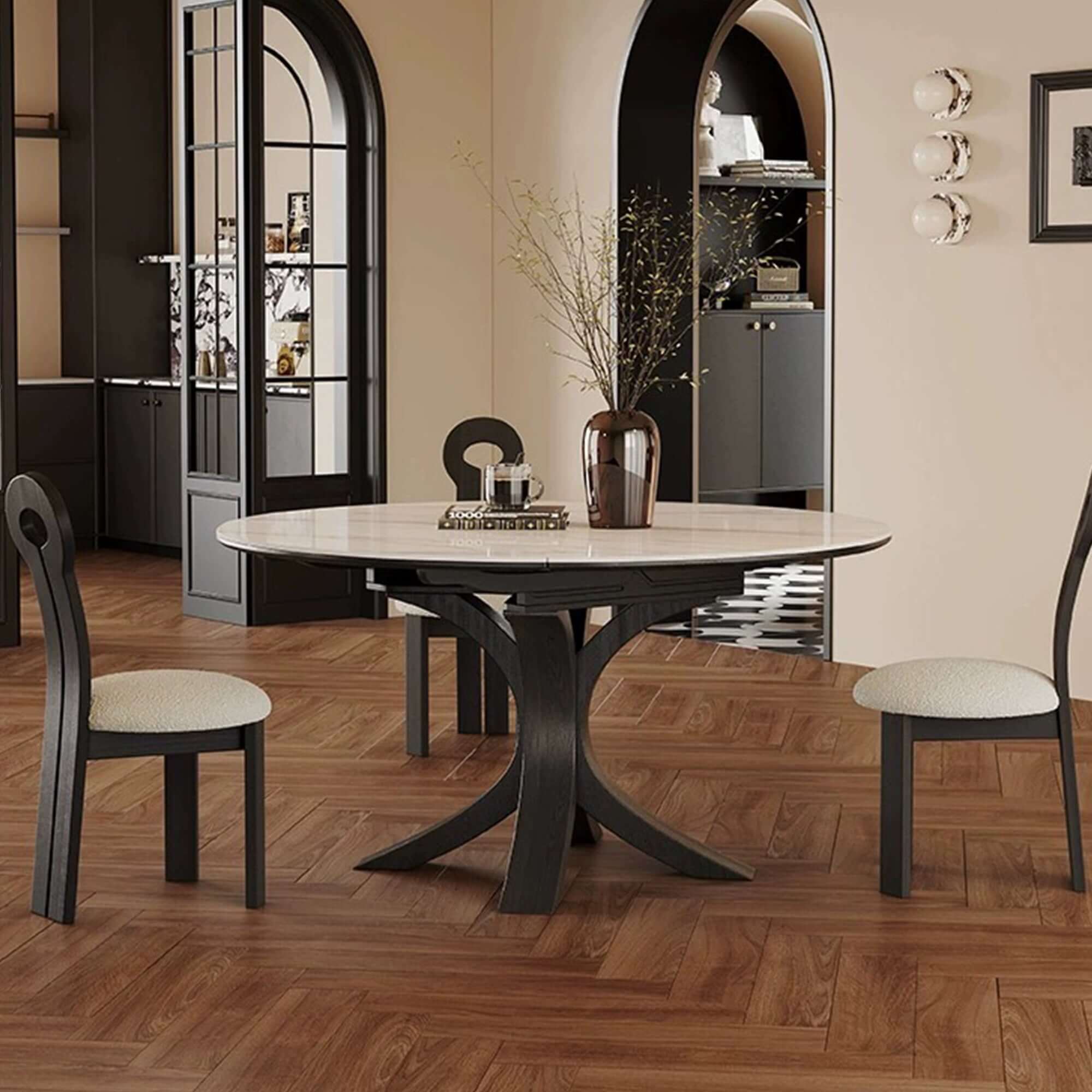 Convertible telescopic dining table with luxury sintered stone and marbling finish, square to round design