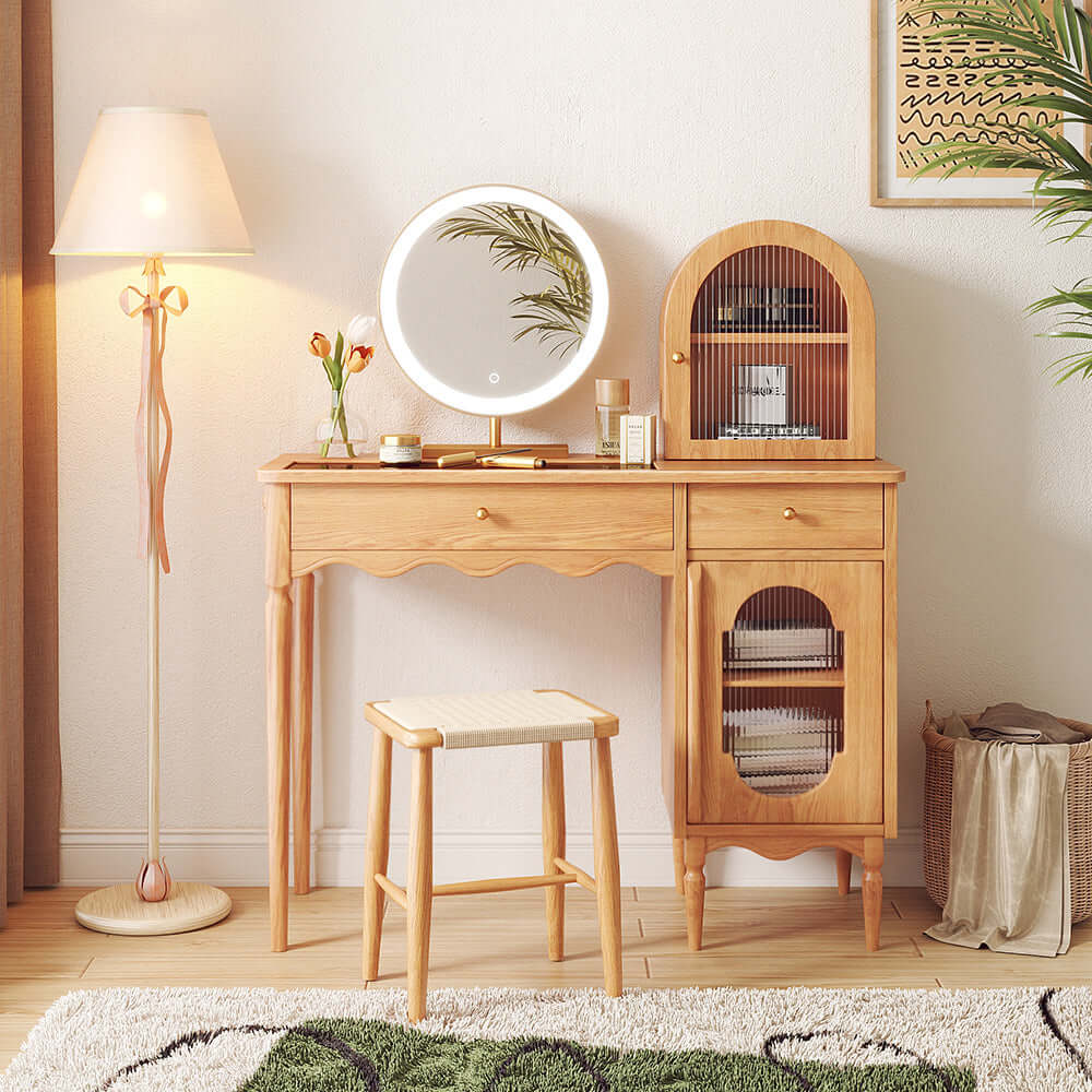 Wooden makeup vanity set featuring jewelry storage and a side cabinet for organization