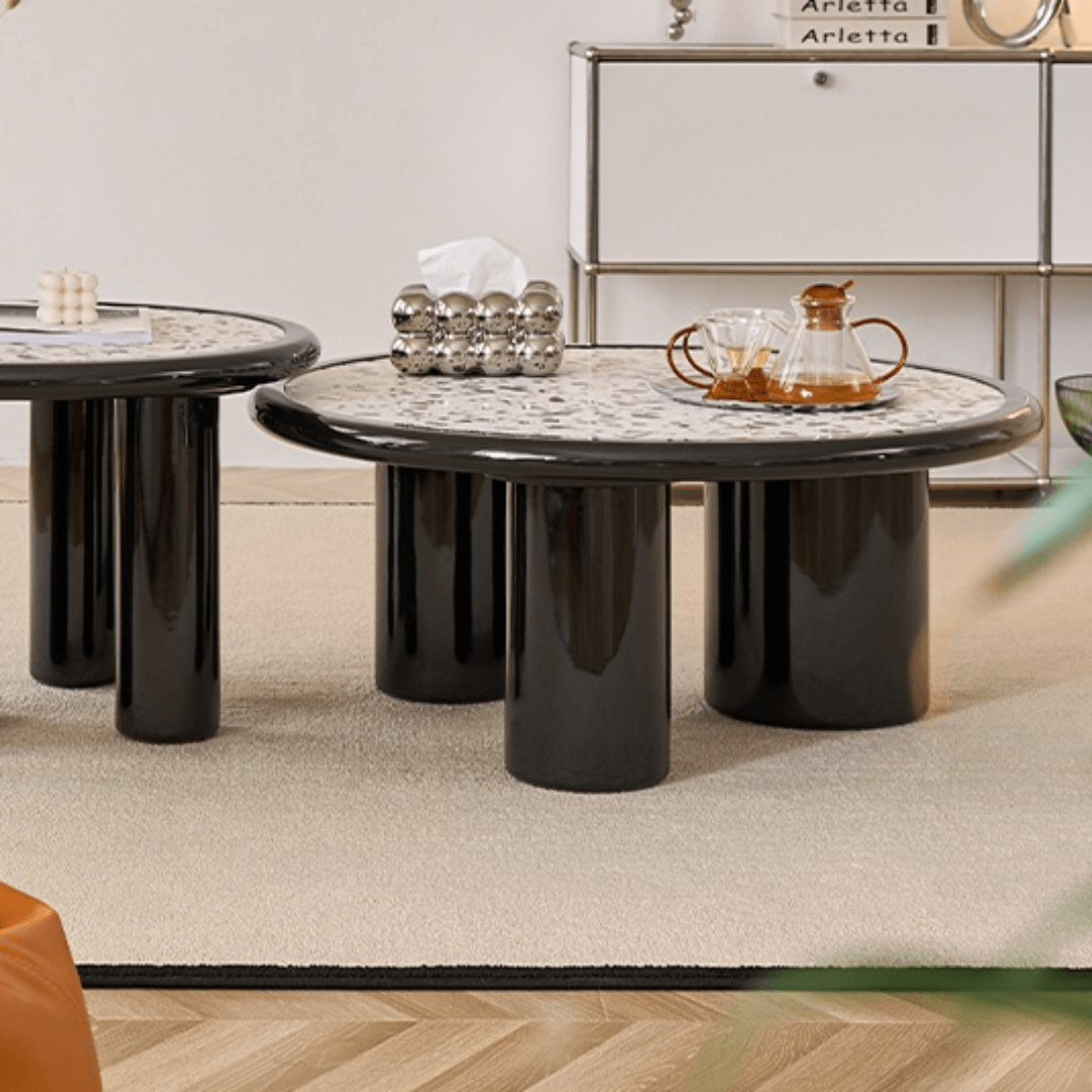 Round terrazzo coffee table with elegant design, perfect for adding sophistication to your living room