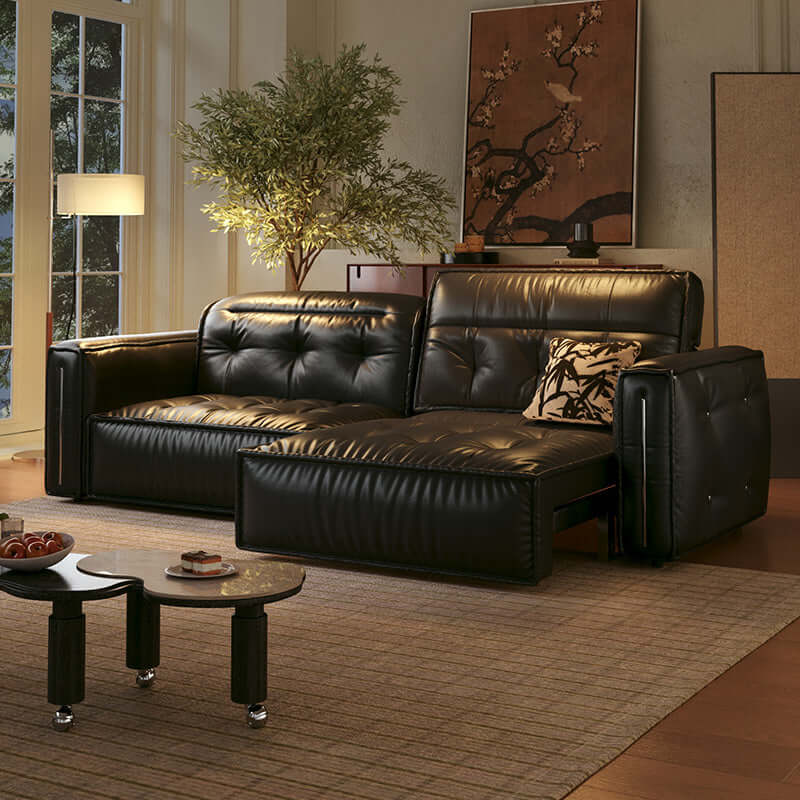 Retro leather pull out couch bed with electric smart remote, convertible for space-saving comfort