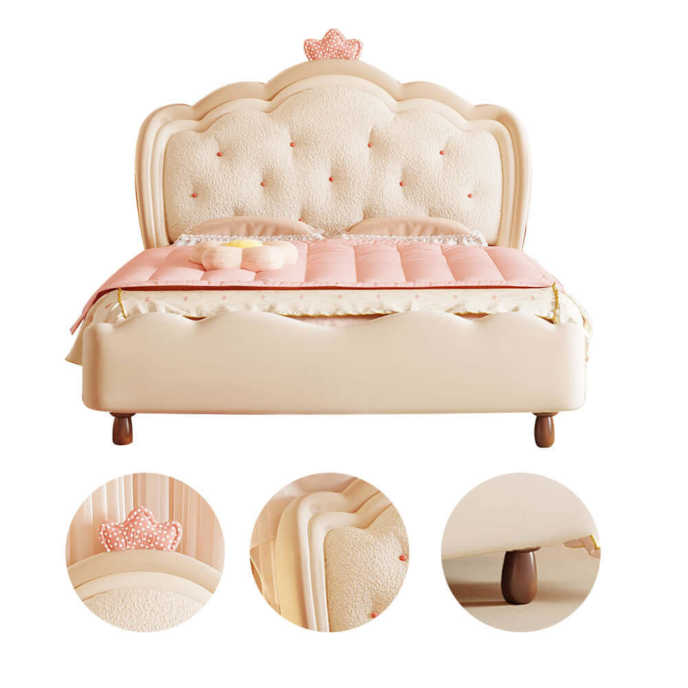 Pink and white wooden princess kids bed with modern cream style design