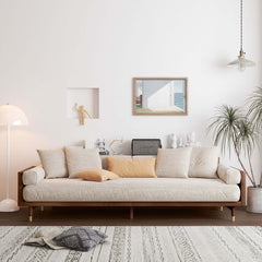 Canapé moderne beige 3 places en tissu de lin rembourré avec cadre en bois massif pour le salon