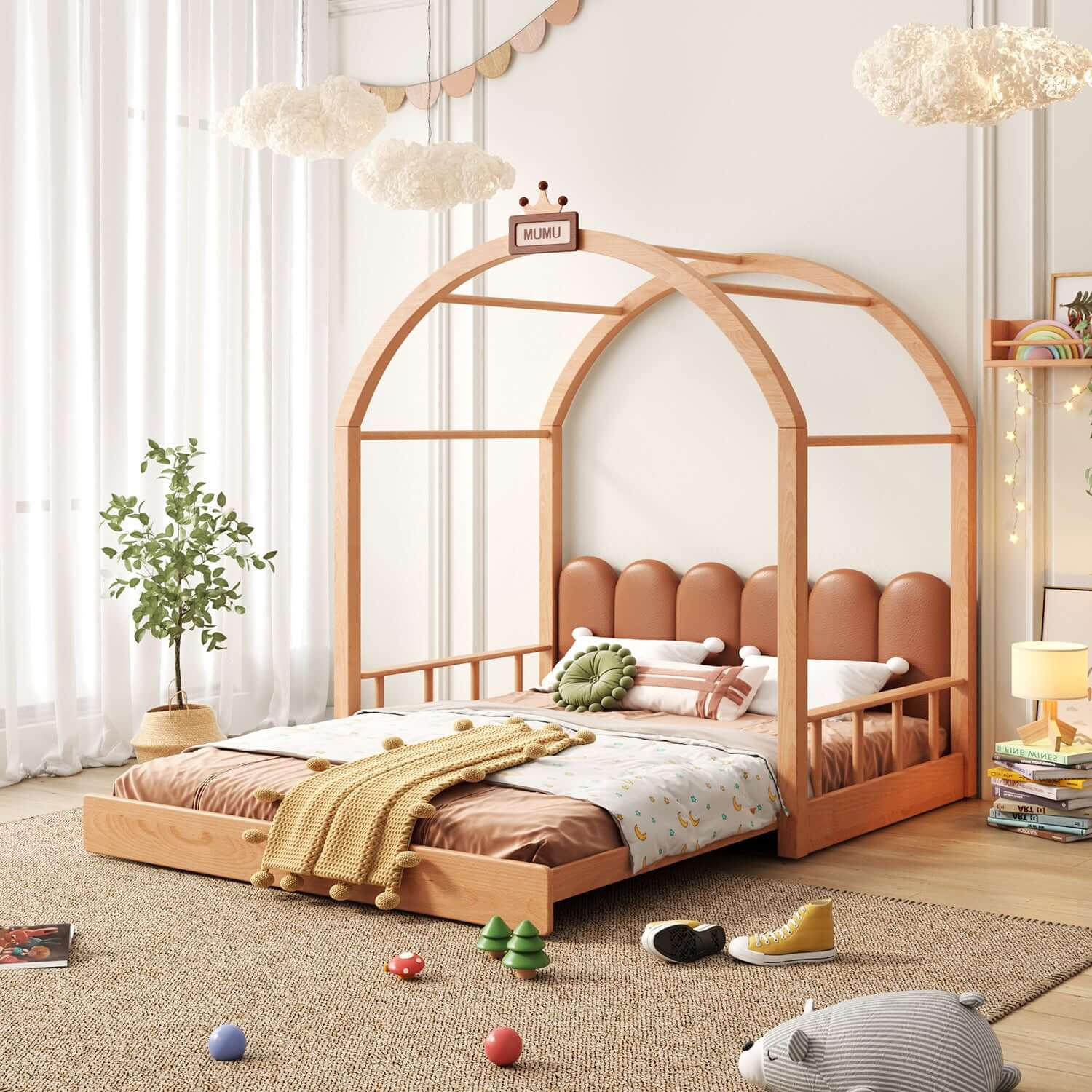Extendable solid wood kids castle bed with canopy and upholstered headboard, converts from toddler to twin size