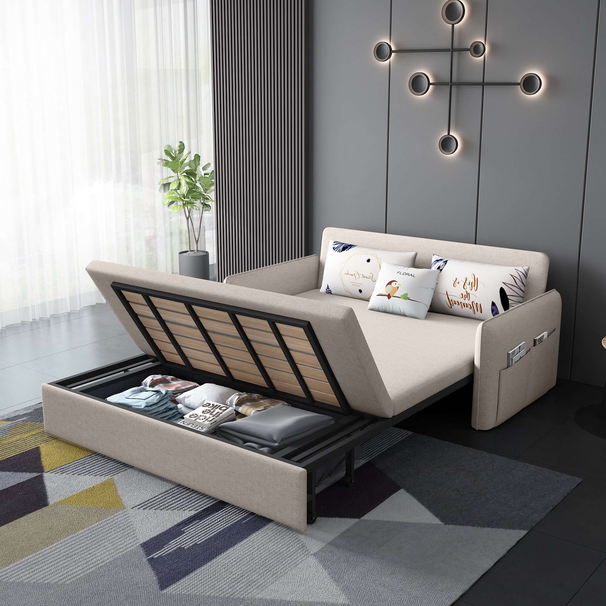 Compact one-seater loveseat sleeper sofa featuring convenient storage pockets for small spaces