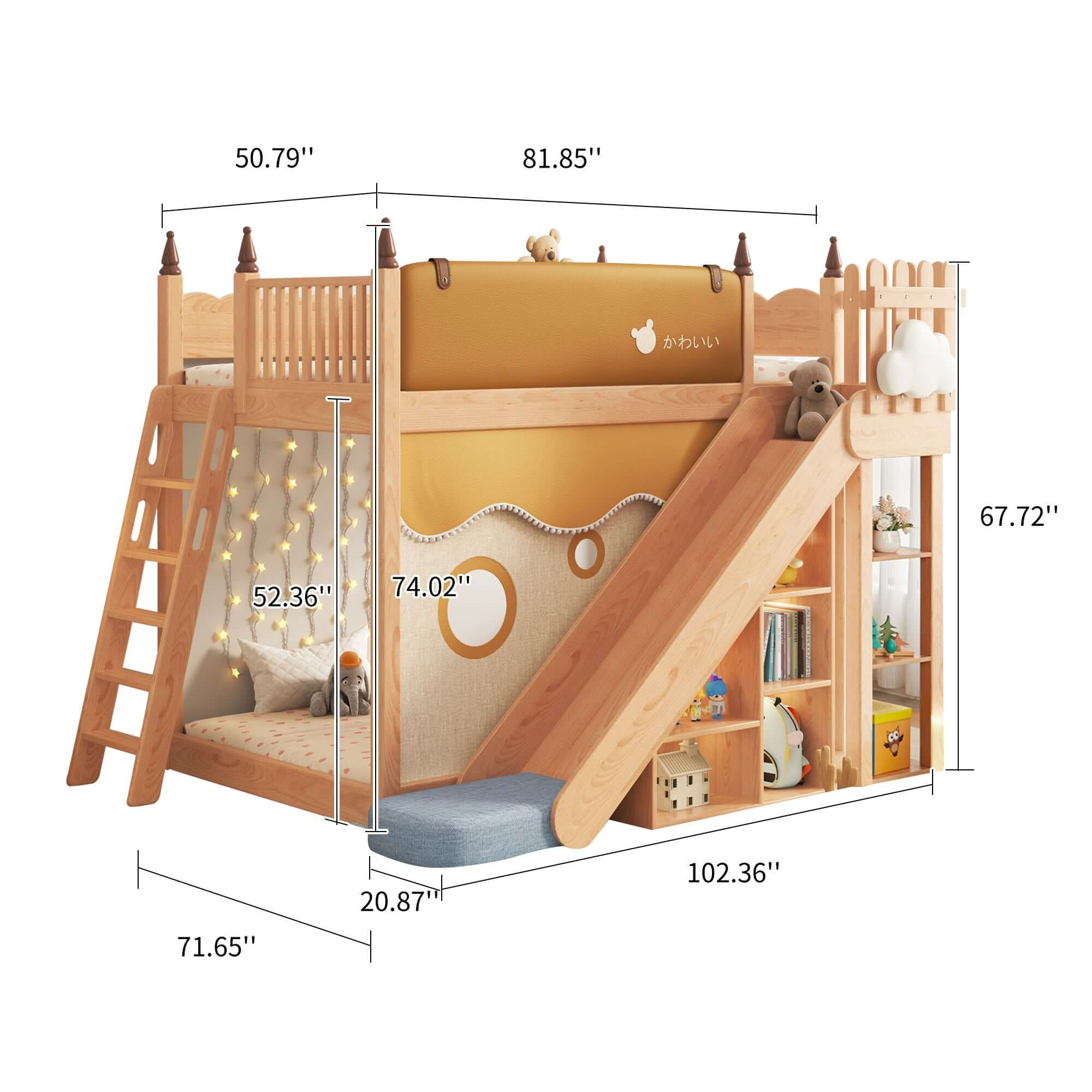 Solid wood children's bunk bed with slide, storage, and play tent for kids' bedroom