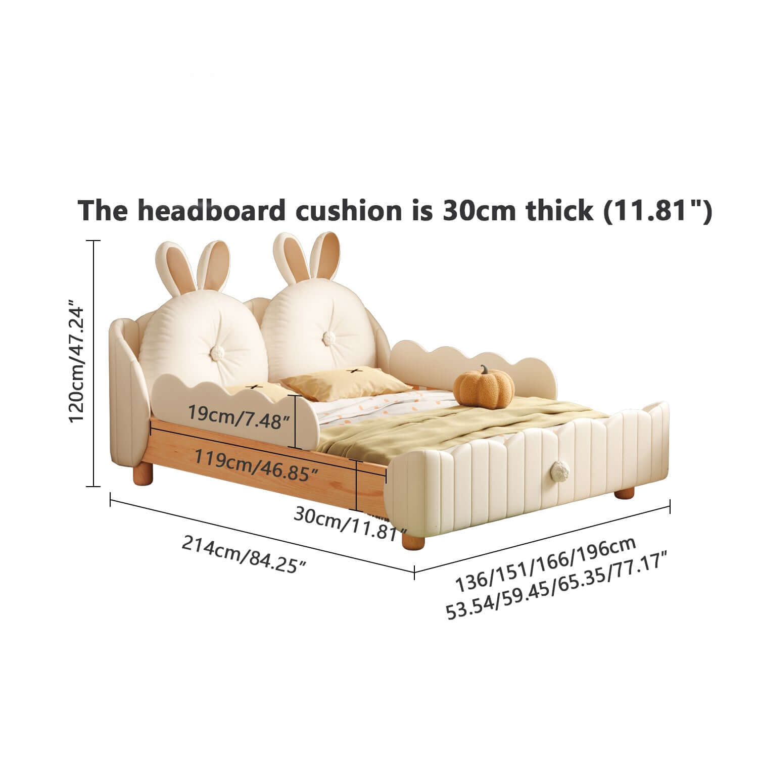Solid wood kids bed featuring a rabbit cartoon cushion and protective guardrail for safety