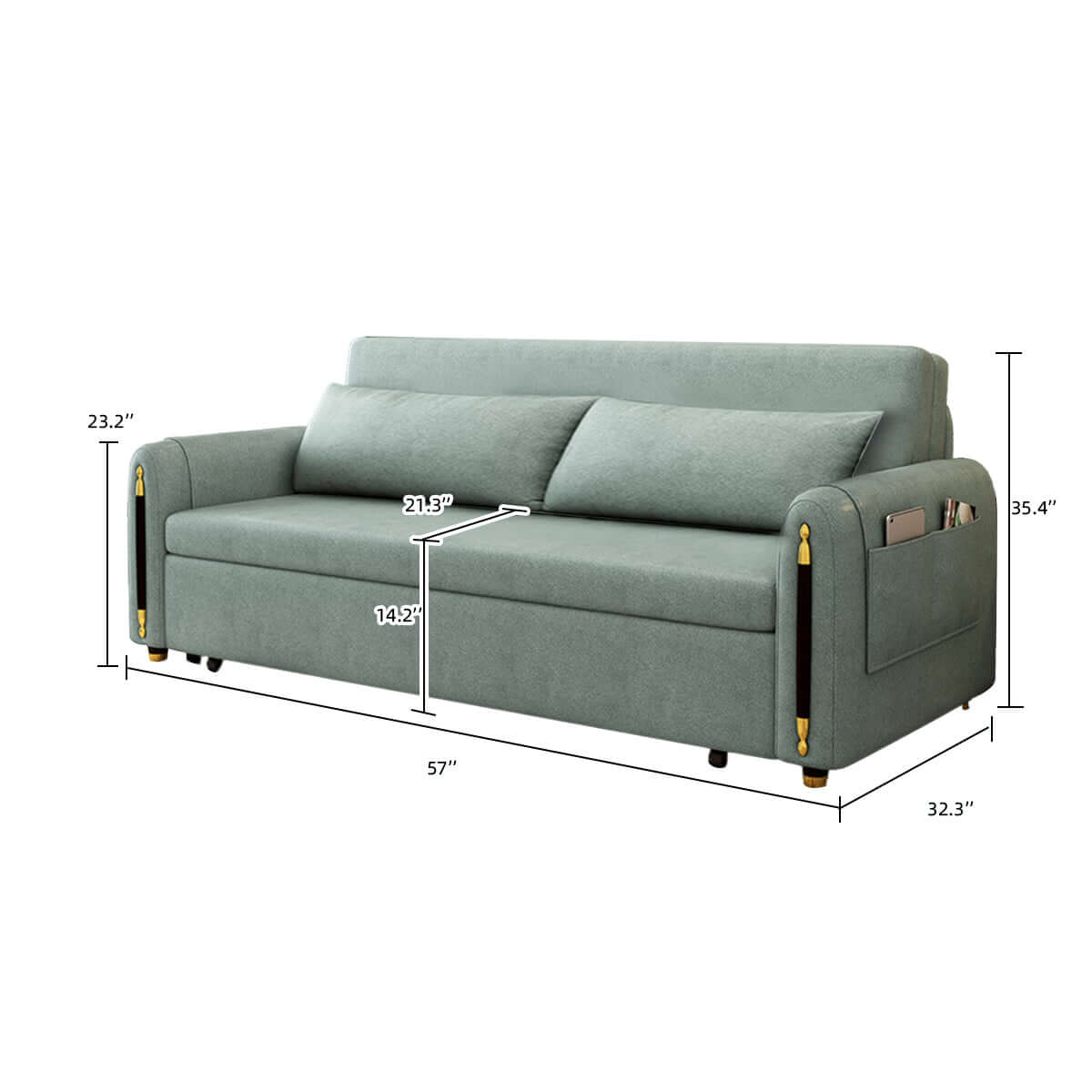 Green convertible sofa bed with comfortable cushion seat and built-in storage pocket