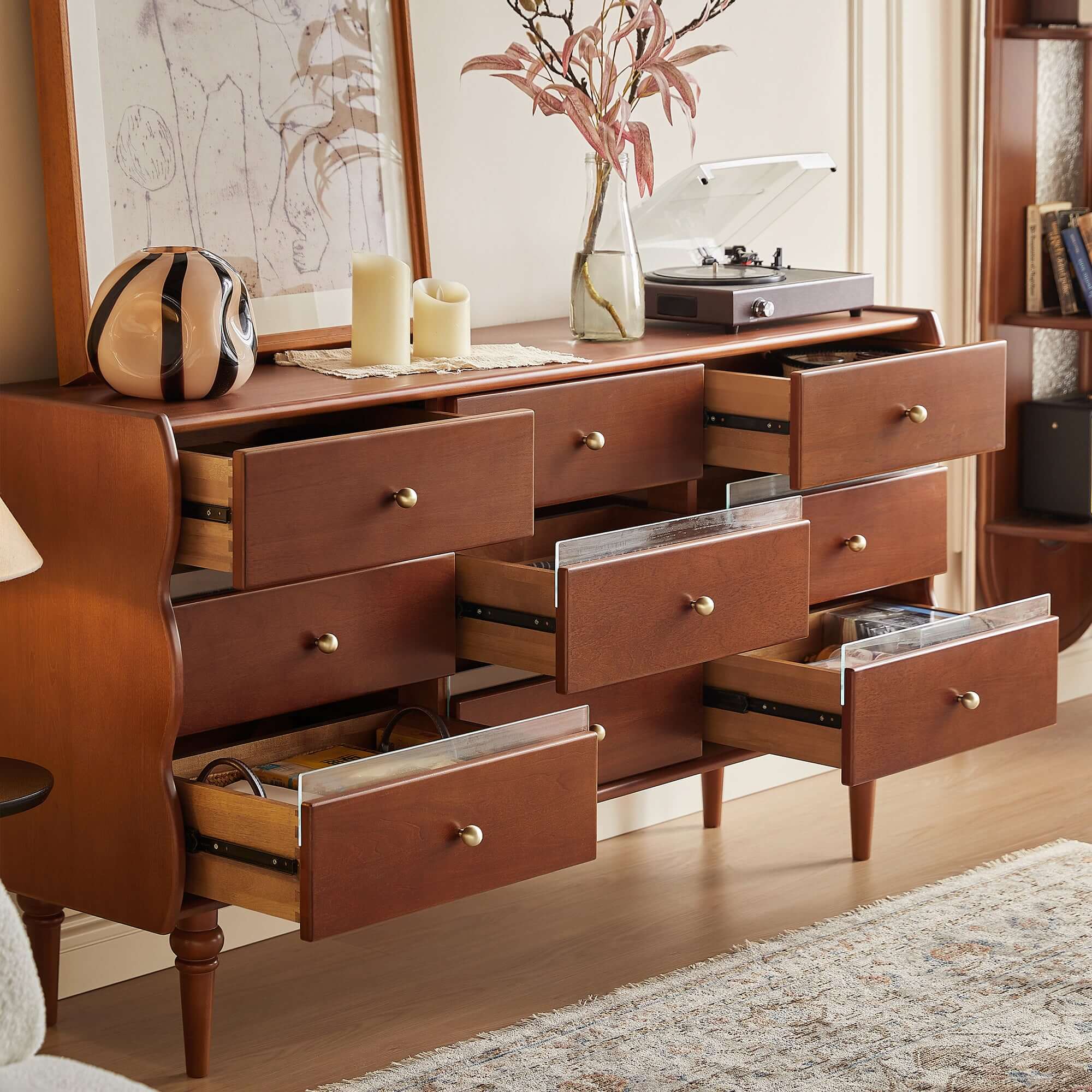 Solid wood chest with six or nine drawers for entryway storage and organization