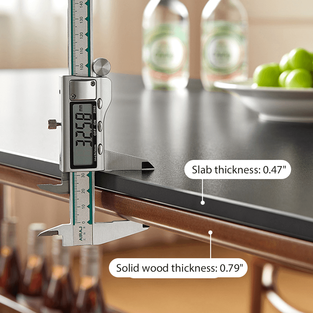 Square vintage dining and desk combo table with slate top, storage, and stainless steel legs