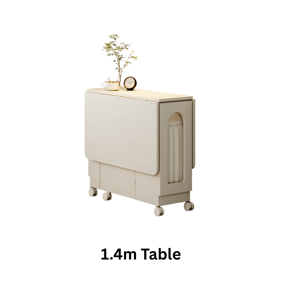 Cream foldable dining table with wheels, minimalist design, easy to assemble