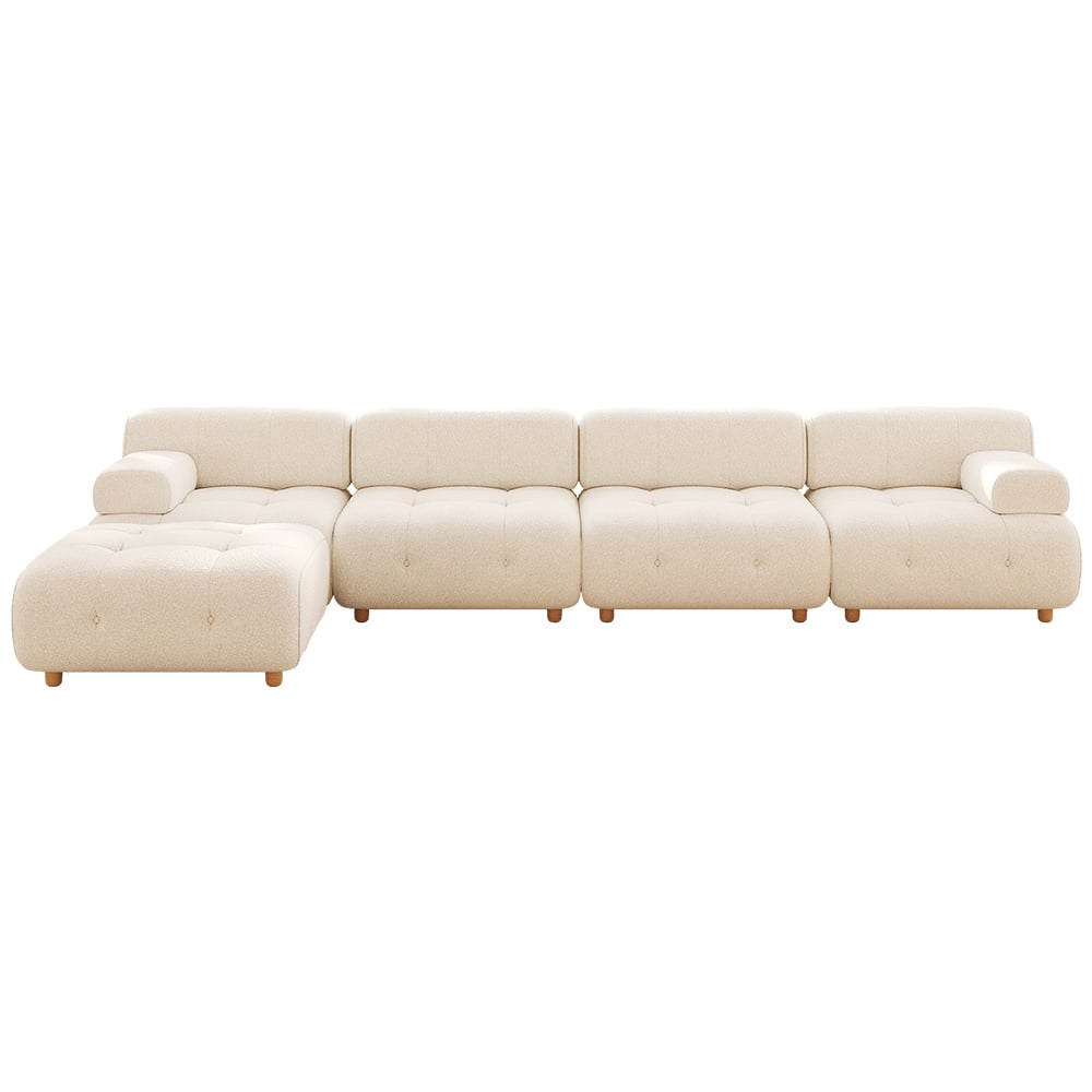 White modern L-shaped modular boucle sectional sofa loveseat with wood legs