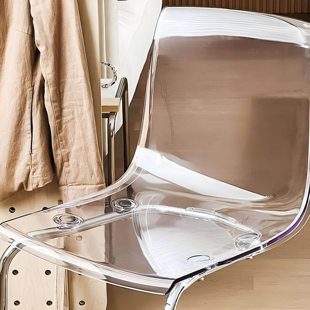 Scandinavian style plastic and acrylic dining side chair with silver legs, non-upholstered design