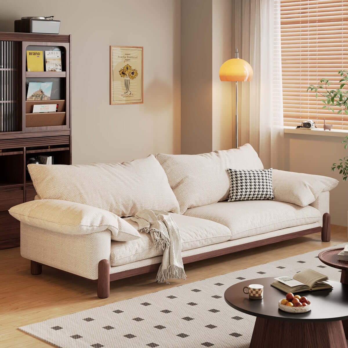 Wooden three-seater sofa with armrests offering oversized comfort and stylish design