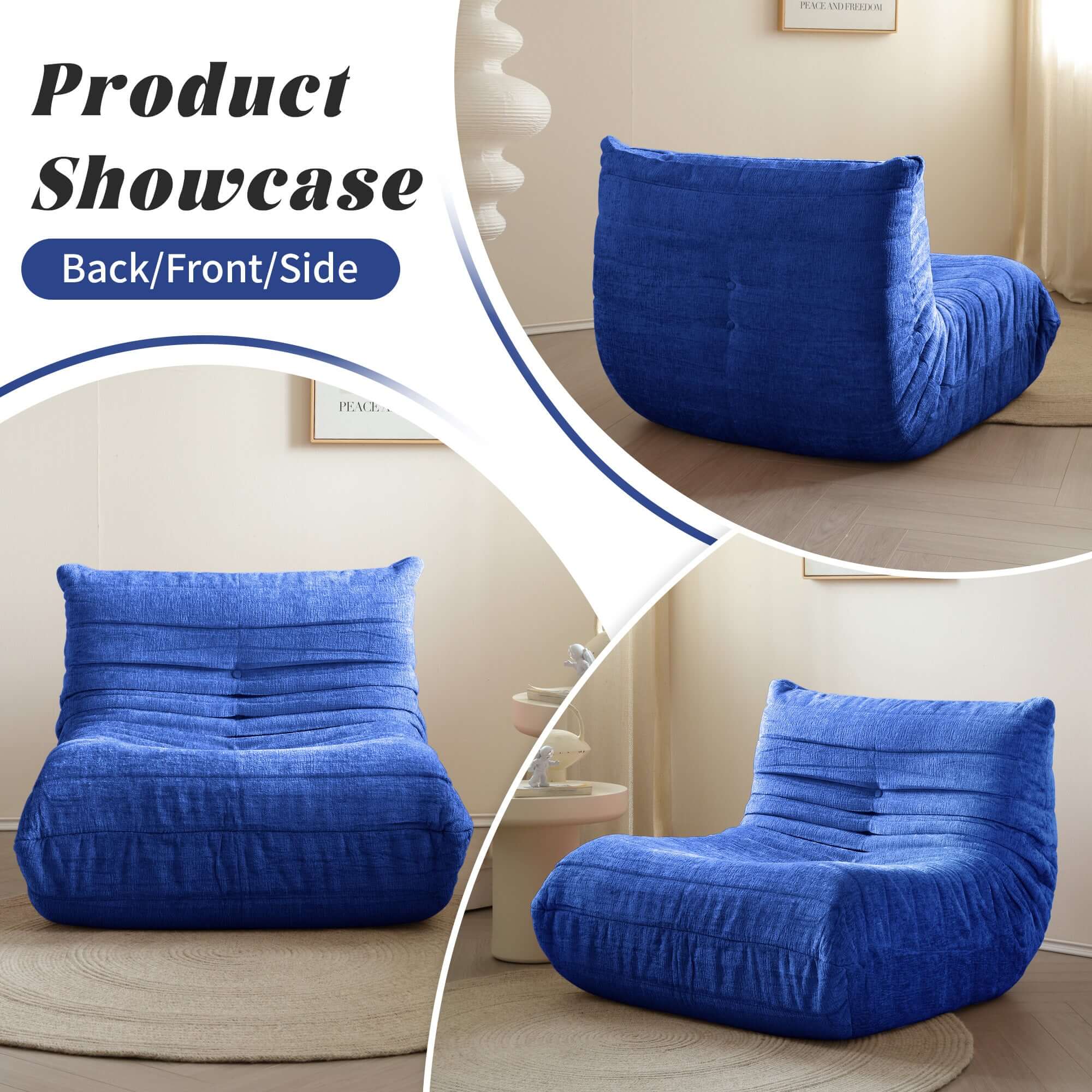 Comfortable lazy compressed foam floor couch shaped like a caterpillar, perfect as a Togo sofa chair