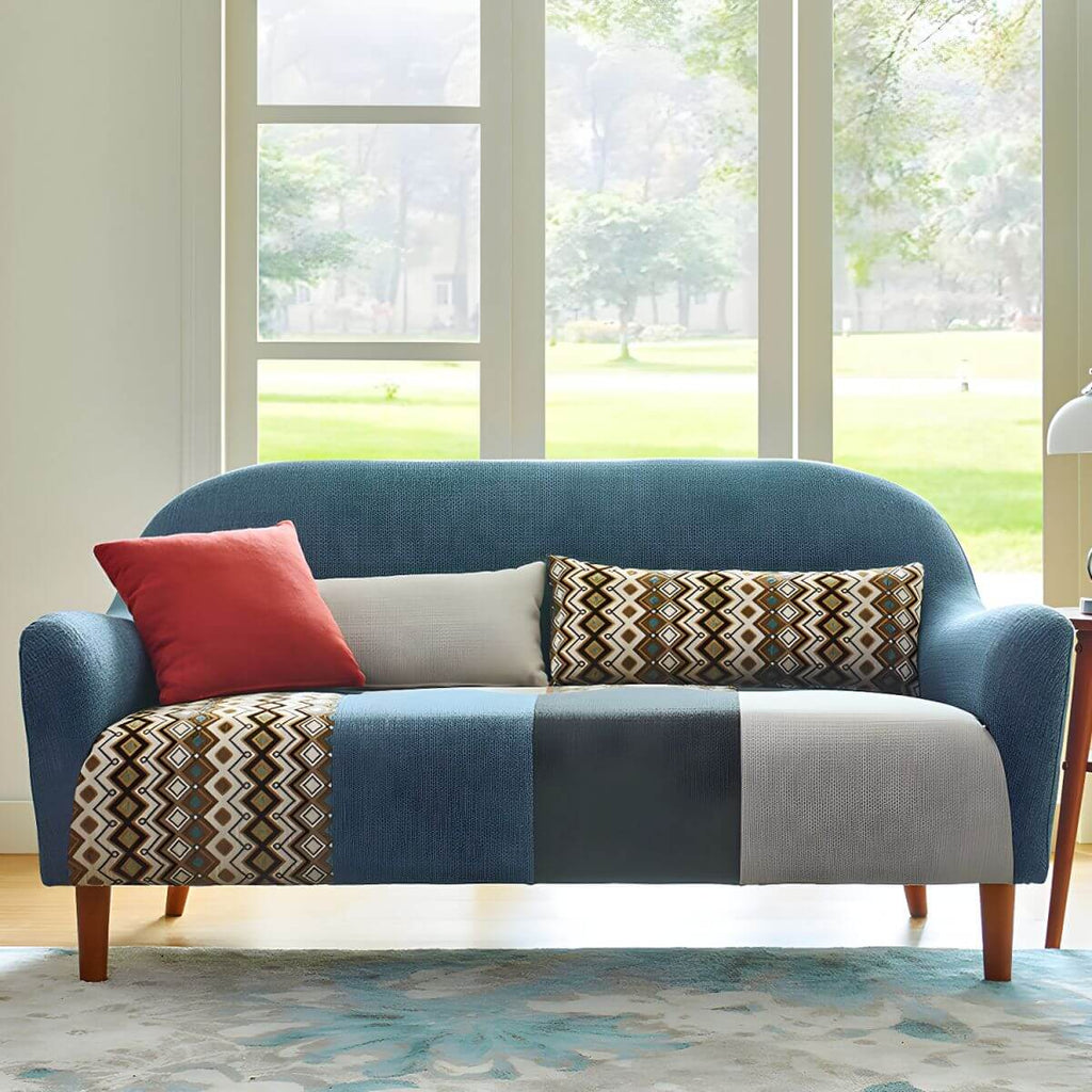 Farmhouse wood sofa with patchwork polyester blend upholstery and foam seat fill