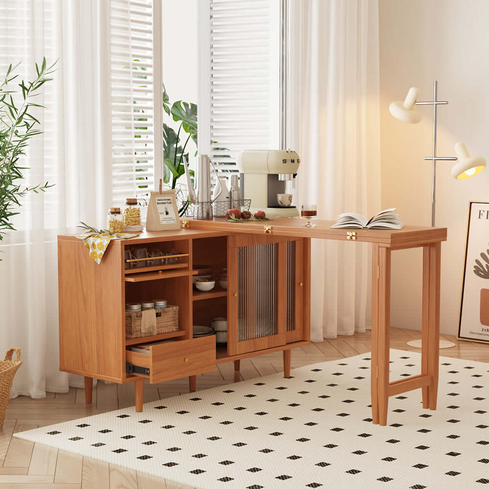 Folding dining table with glass sliding doors and storage drawers for space-saving dining