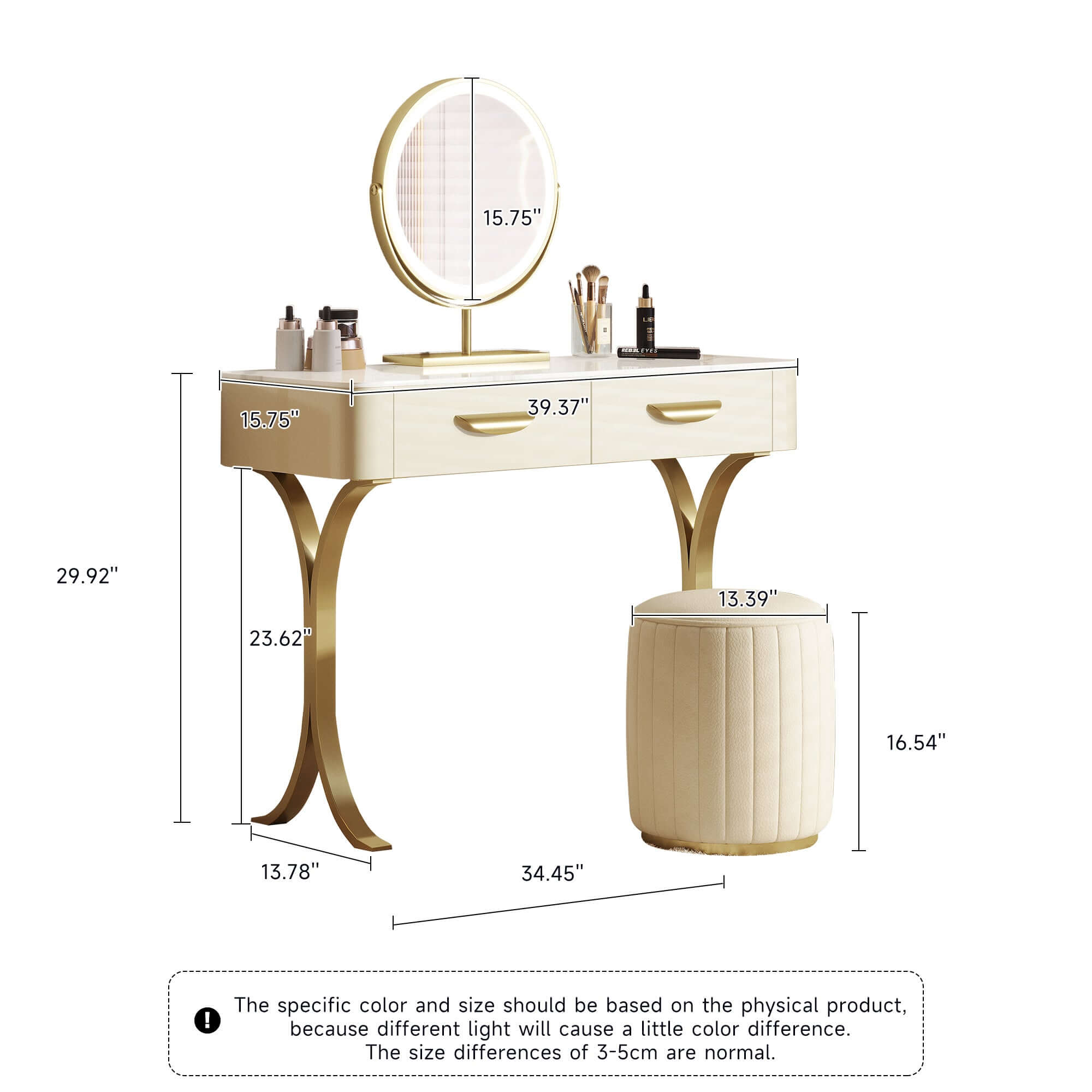 Luxury vanity makeup table with mirror, two drawers, and matching stool for elegant dressing