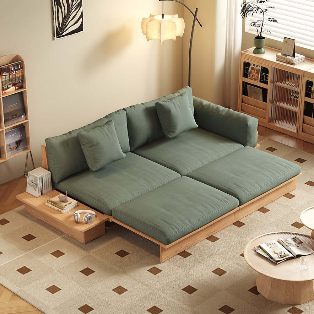 Cocochairs Floor Platform Wood Frame Sofa Bed – Reversible Armrests, Corduroy or Linen-Blend Upholstery