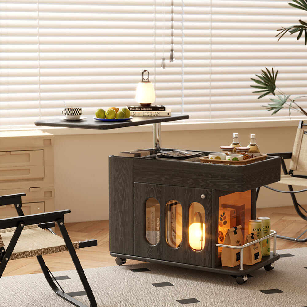 Adjustable solid wood mobile side cabinet with lift-up table top for versatile storage