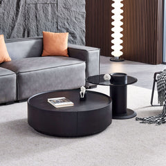 Black & Grey Round Nesting Coffee Table Set with Storage & Tempered Glass