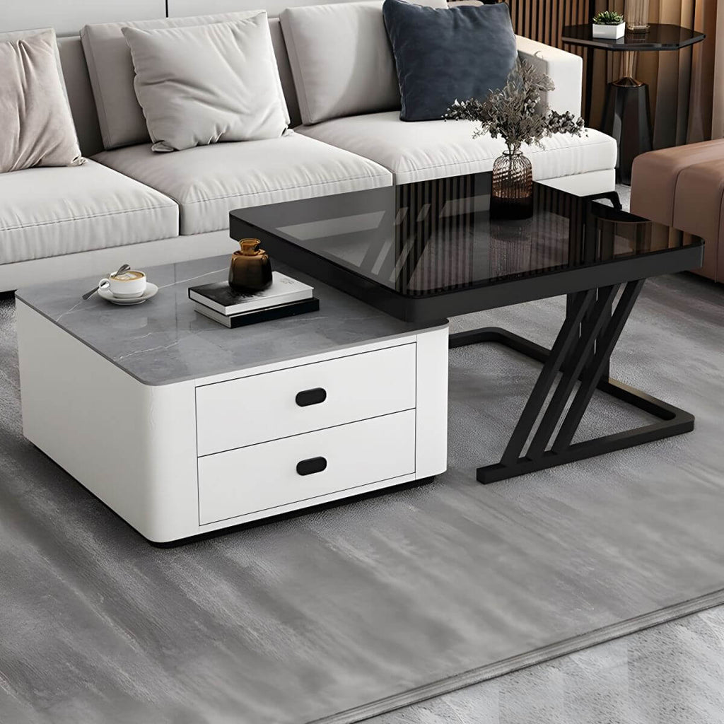 Modern square steel frame nesting coffee tables set with two pieces, including a small table
