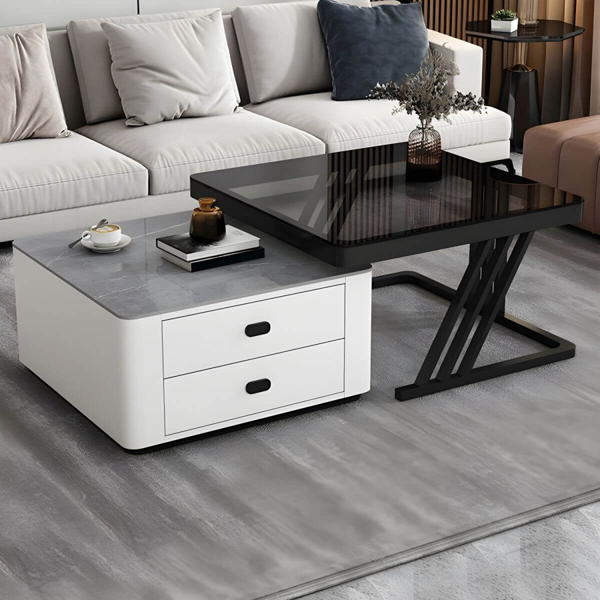Modern square steel frame nesting coffee tables set with two pieces, including a small table