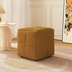 Brown linen pouf ottoman cube design, 15.7 inches wide, perfect footstool for living room