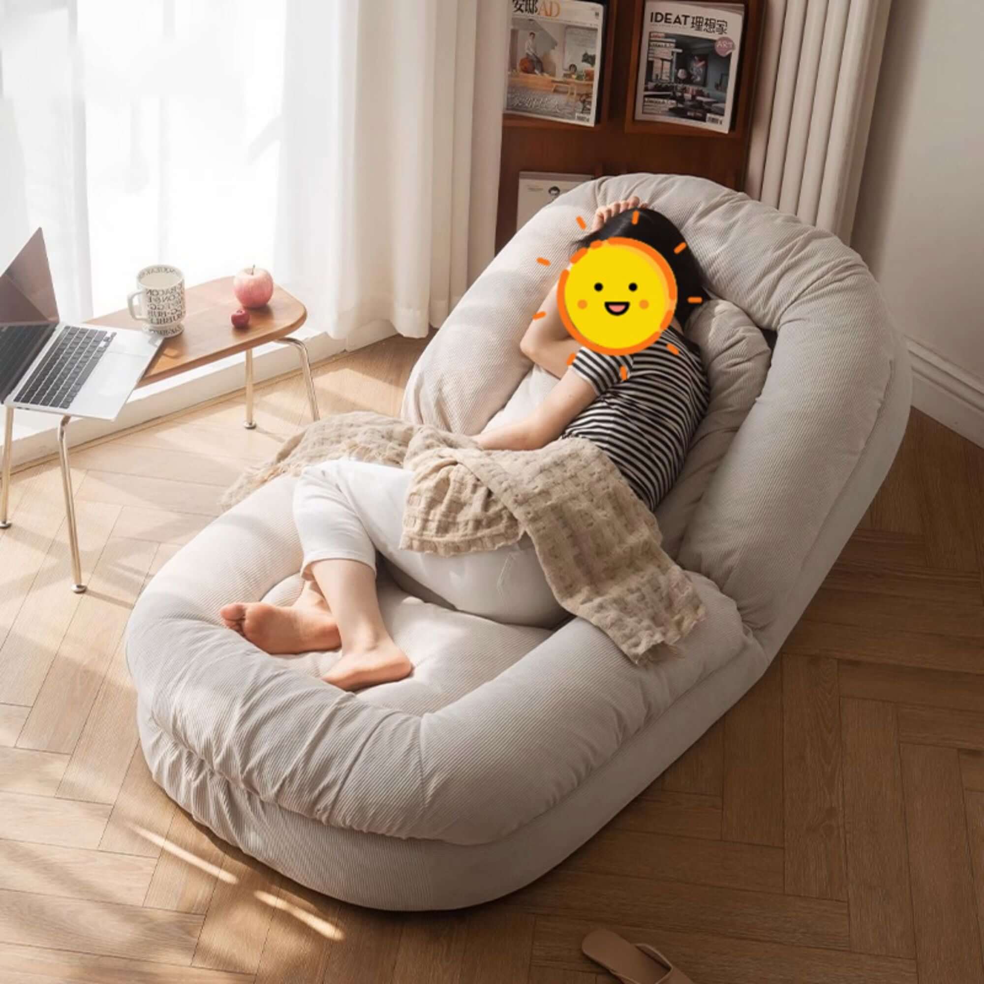 Beige modern convertible sleeper sofa bed with soft teddy velvet upholstery