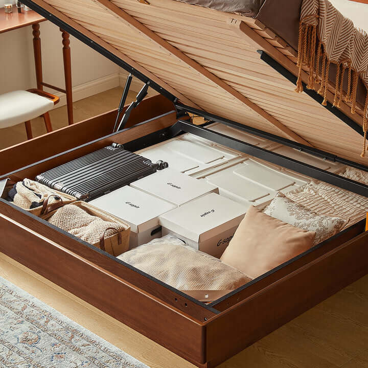 Solid wood vintage floating storage bed with large under-bed drawers for extra space