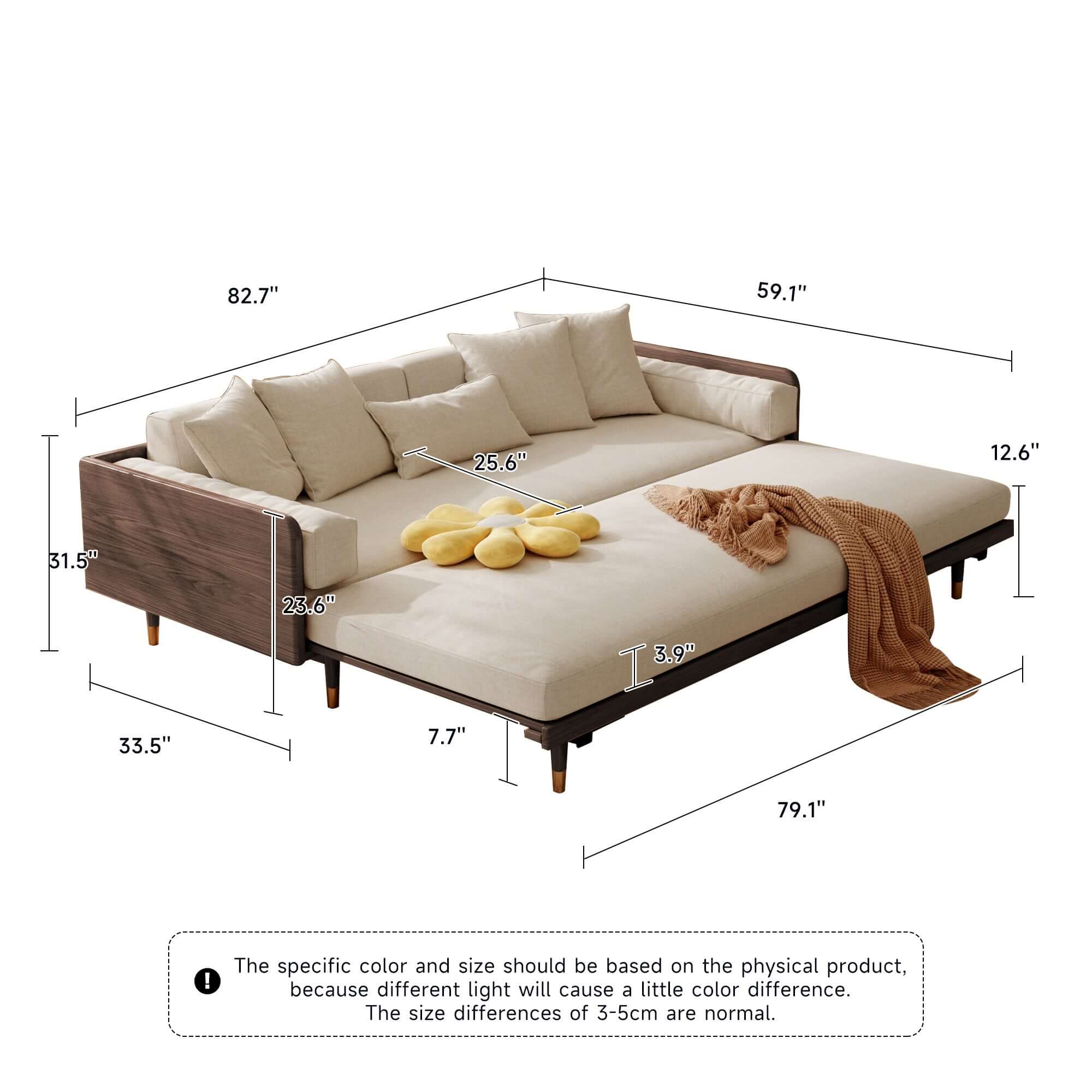 Modern 3 seater sofa bed with wooden frame and pull-out convertible design