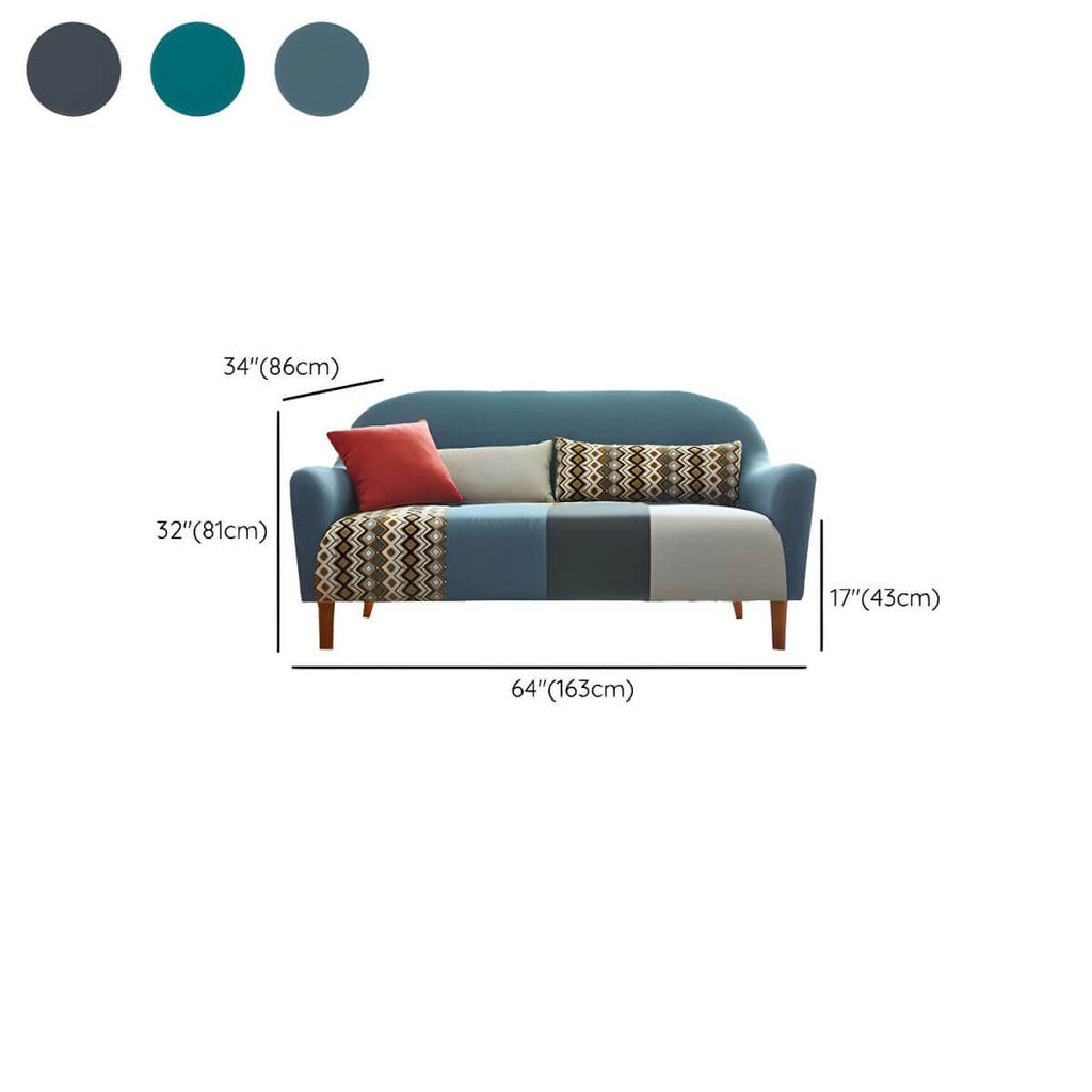 Farmhouse wood sofa with patchwork polyester blend upholstery and foam seat fill