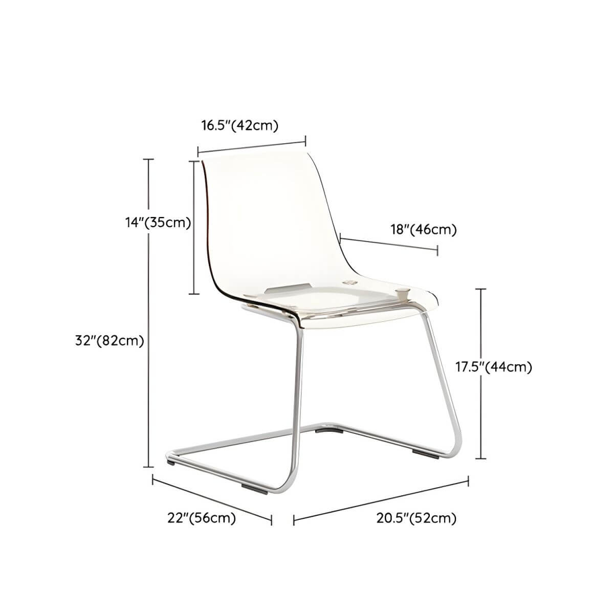 Scandinavian style plastic and acrylic dining side chair with silver legs, non-upholstered design