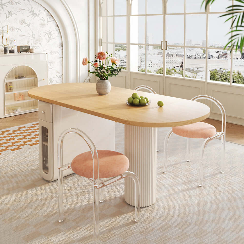 Foldable oval dining table with built-in storage, perfect for space-saving and stylish dining