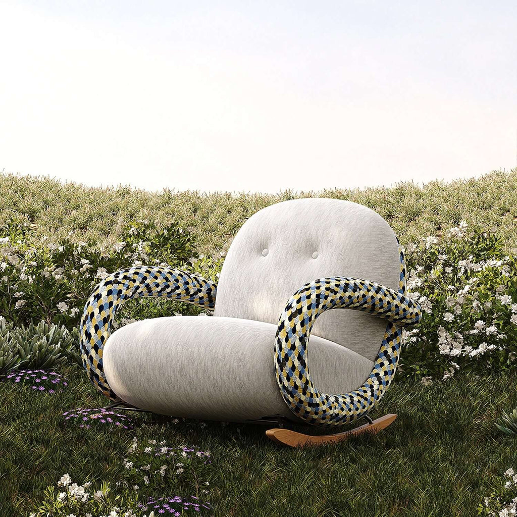 Designer Rocking Chair with Cherry Wood Base and Floral Fabric