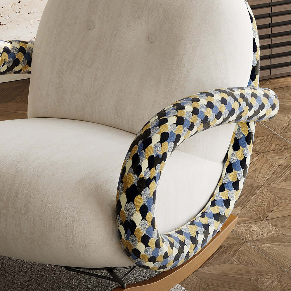 Designer Rocking Chair with Cherry Wood Base and Floral Fabric