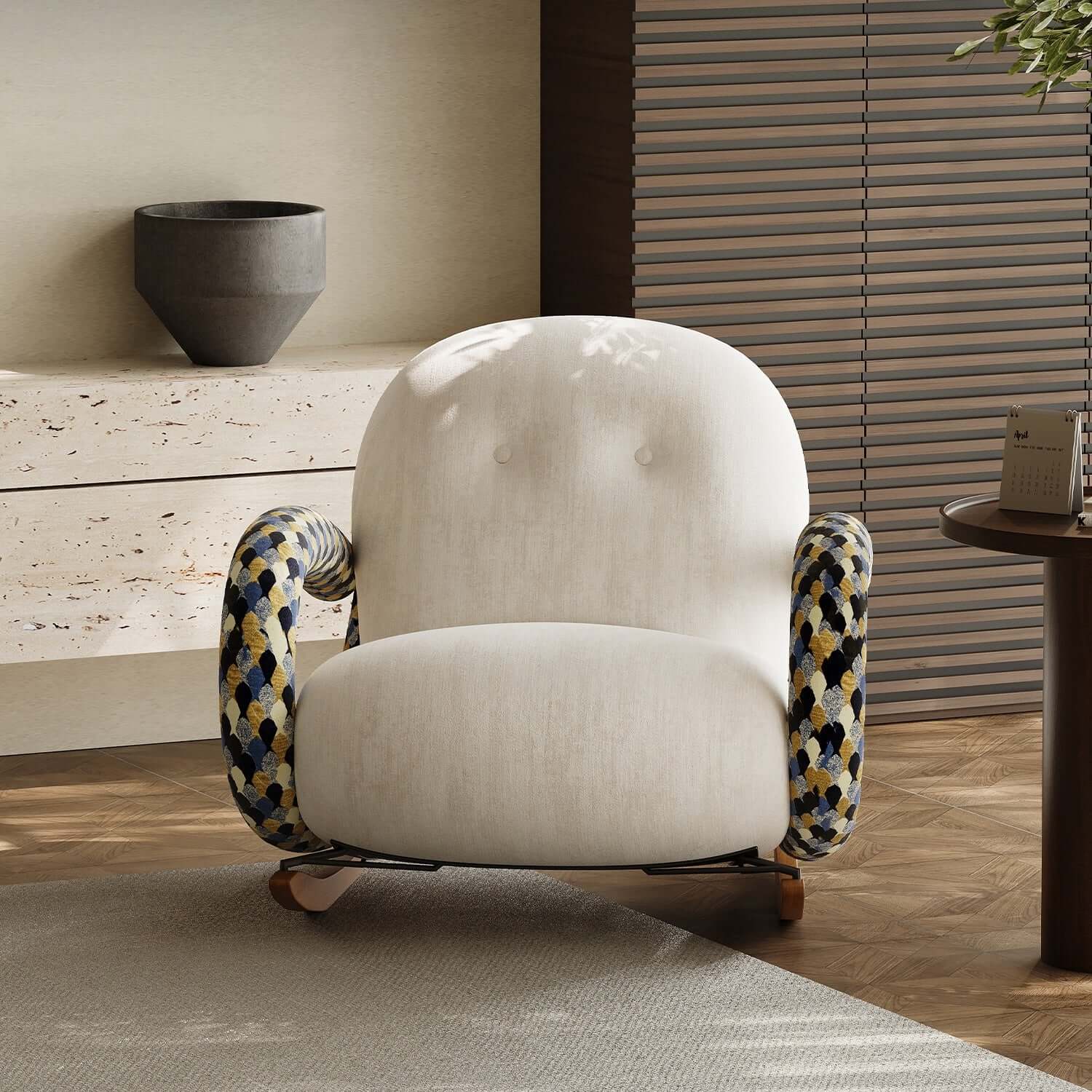 Fauteuil à bascule Designer avec base en bois de cerisier et tissu floral Image secondaire du produit