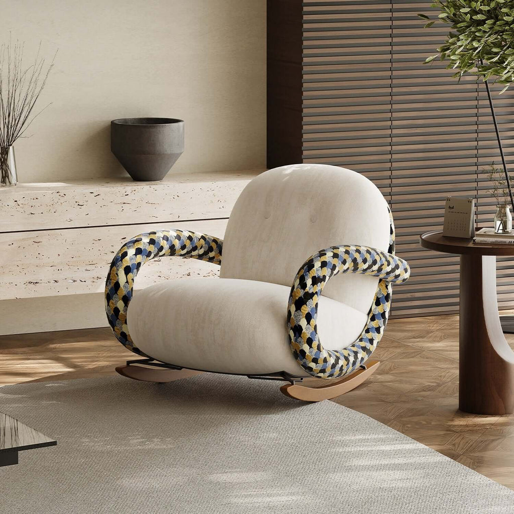 Designer Rocking Chair with Cherry Wood Base and Floral Fabric Main Product Image