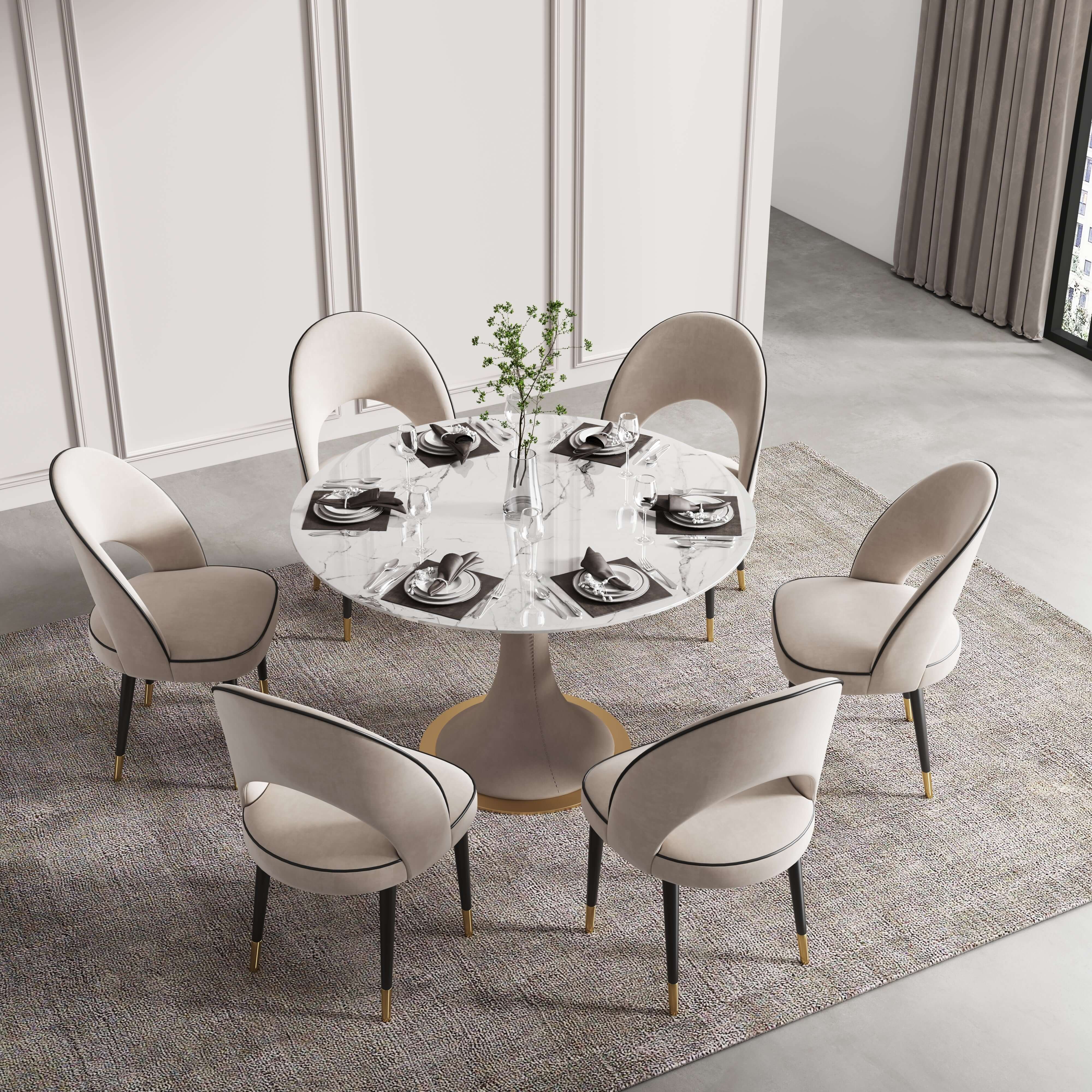 Set of 2 modern beige velvet upholstered dining chairs with open back design