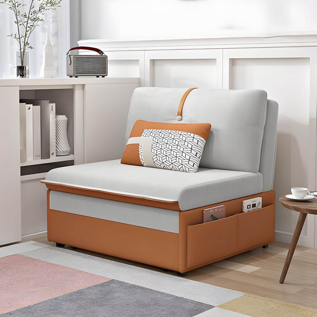 Orange polyester blend sleeper sofa with steel frame and casters, modern futon for versatile seating