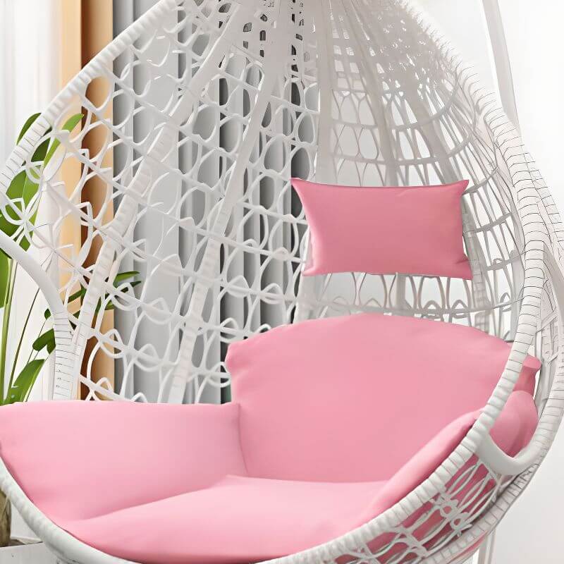 Magenta and sepia porch swing egg chair with alloy stand, chain, cushions, and 2-person seating