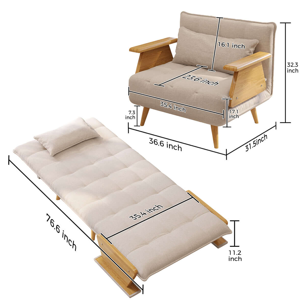 3-in-1 folding sofa chair bed with armrests, available in three sizes for versatile seating and sleeping