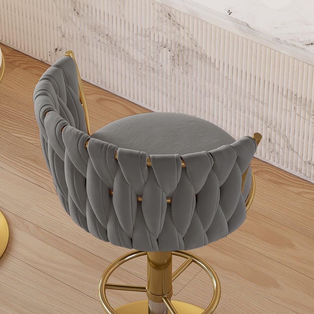 Set of 2 gray swivel bar stools with velvet curved back and adjustable height