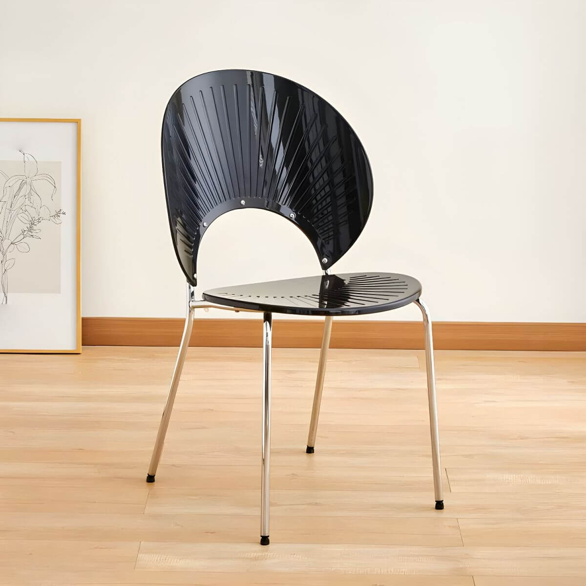 Stackable Scandinavian style dining chair with plastic seat, acrylic back, and silver legs