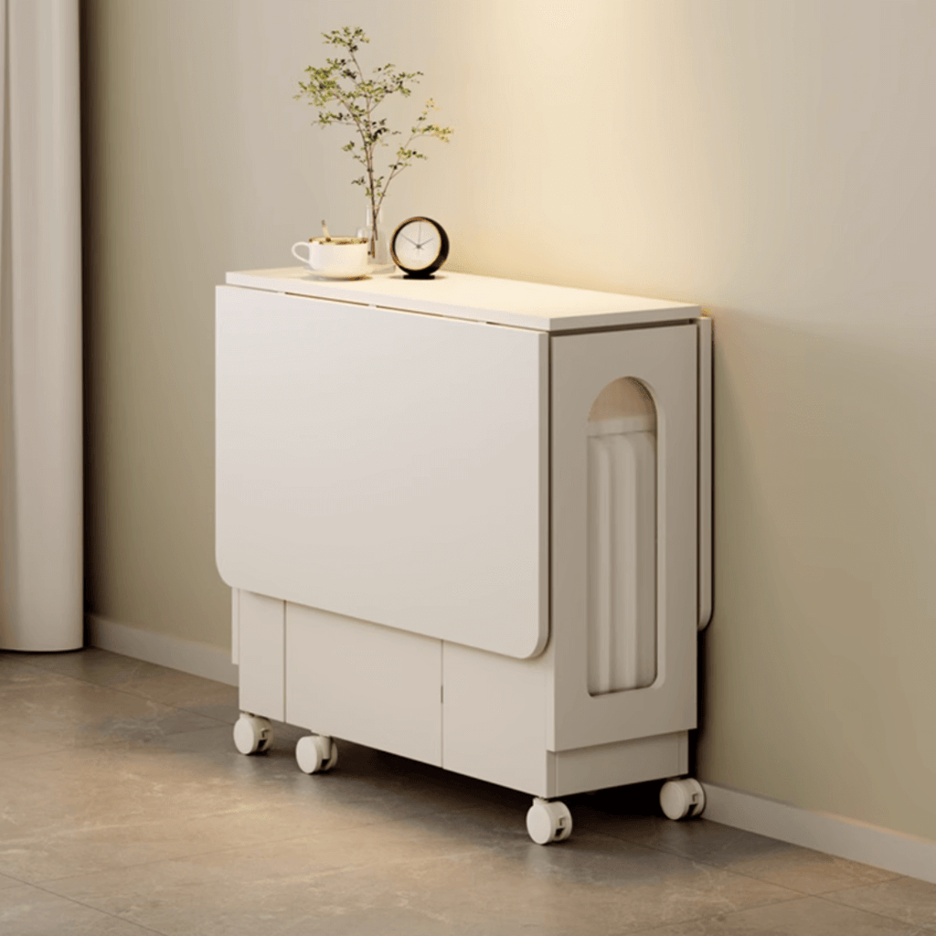 Cream foldable dining table with wheels, minimalist design, easy to assemble