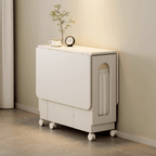 Cream foldable dining table with wheels, minimalist design, easy to assemble