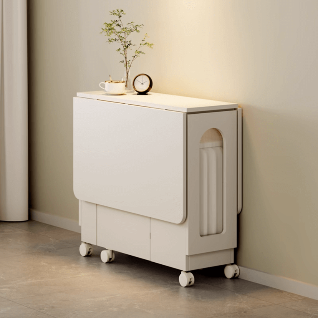 Cream foldable dining table with wheels, minimalist design, easy to assemble