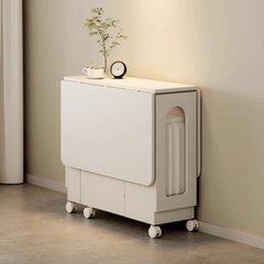 Minimalist Cream Foldable Dining Table with Wheels - Easy to Assemble