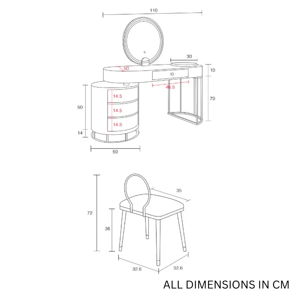 Makeup vanity set with extendable dressing table, side cabinet, mirror, and chair in white, pink, green, and blue dimensions